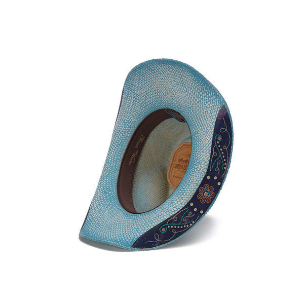 Sky Blue Bohemian Floral Western Hat with Studs and Embroidery - Bottom