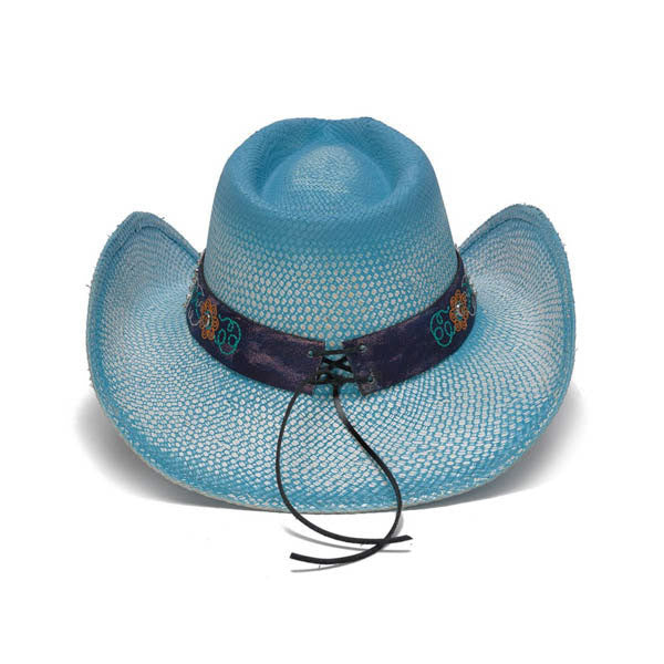 Sky Blue Bohemian Floral Western Hat with Studs and Embroidery - Back