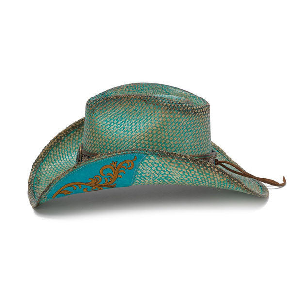 Stampede Hats - Turquoise Aqua Western Hat with Flower Trim - Side