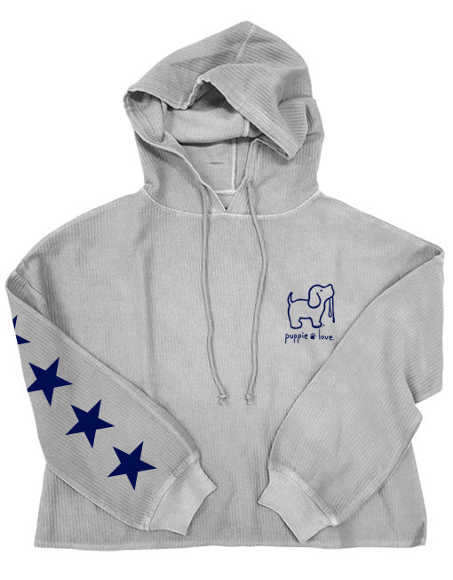 STARRY CORDUROY CROPPED HOODIE, PEARL GREY SUPER SALE PUPPIE LOVE