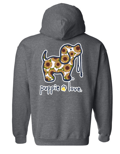 SUNFLOWER FILL PUP, DARK HEATHER ADULT HOODIE PUPPIE LOVE
