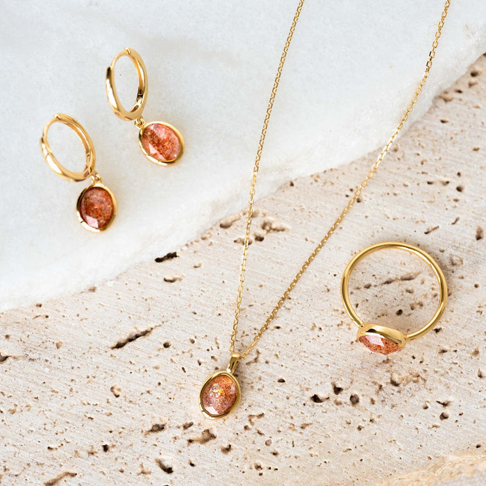 Sunstone necklace, earring and ring set in gold vermeil