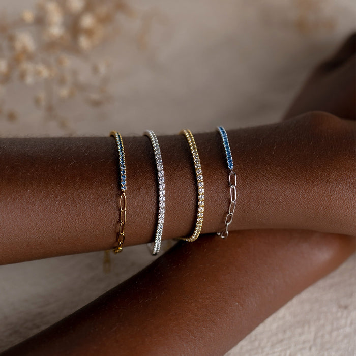 Four cubic zirconia tennis bracelets in silver and gold vermeil
