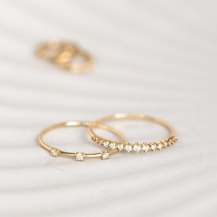 Three Stone Diamond Ring 14k Gold - Estelle with three lab grown diamonds on a delicate 14k yellow gold band