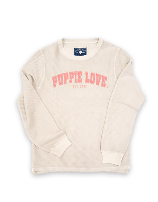 UNIVERSITY FONT CORDUROY CREWNECK SWEATER, OATMEAL SUPER SALE PUPPIE LOVE
