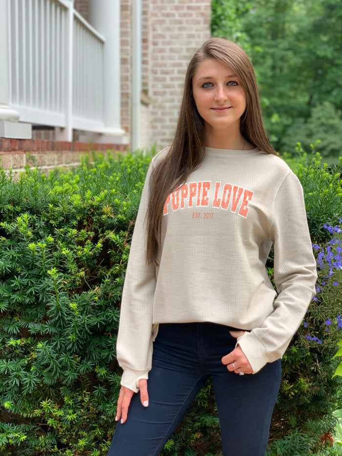 UNIVERSITY FONT CORDUROY CREWNECK SWEATER, OATMEAL SUPER SALE PUPPIE LOVE