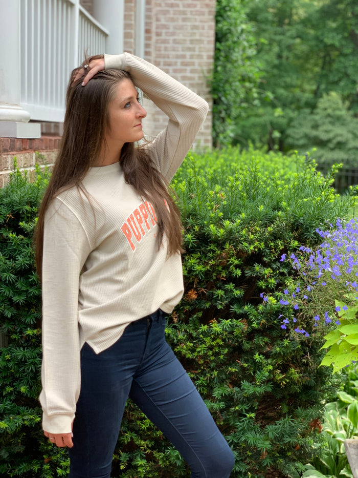 UNIVERSITY FONT CORDUROY CREWNECK SWEATER, OATMEAL SUPER SALE PUPPIE LOVE