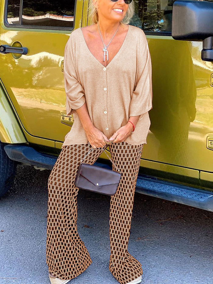 V-Neck Printed Trouser Suit