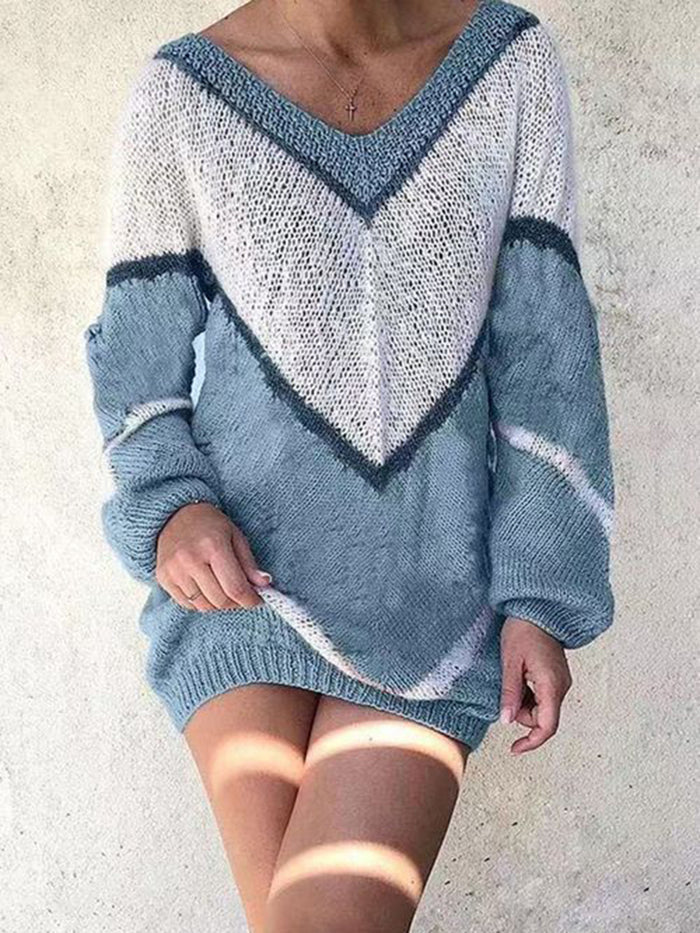 V-Neckline Color Block Casual Loose Regular Shift Sweaters