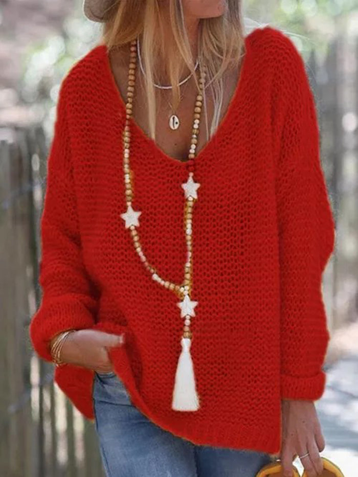 V-Neckline Solid Casual Loose Shift Sweaters