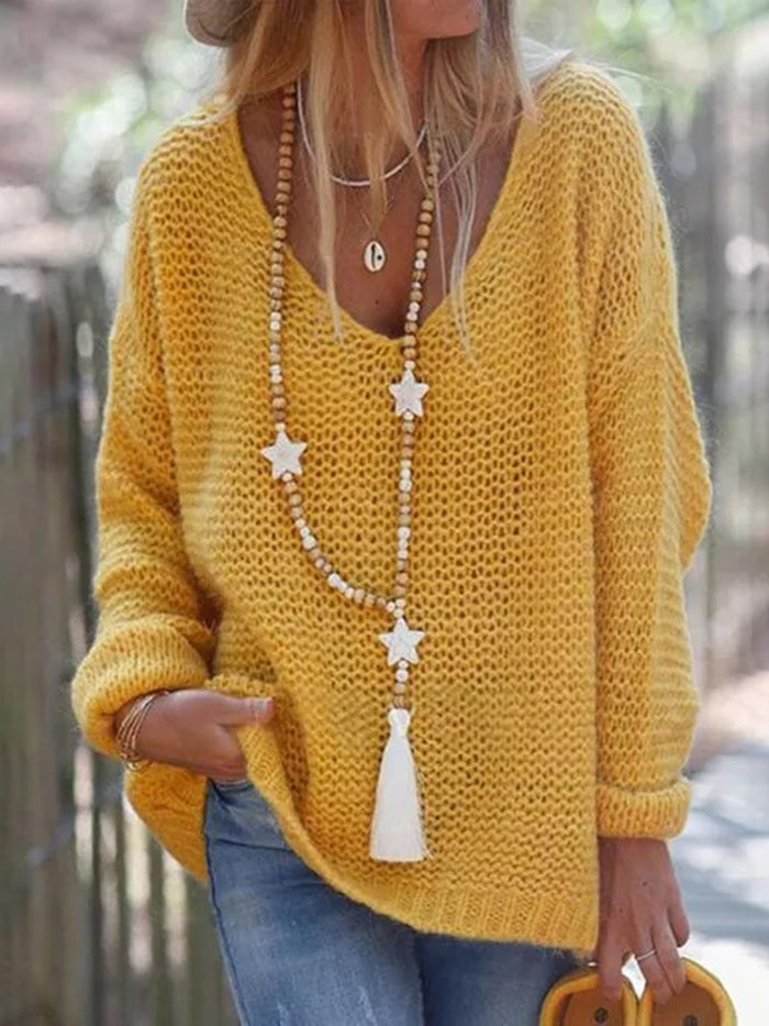 V-Neckline Solid Casual Loose Shift Sweaters