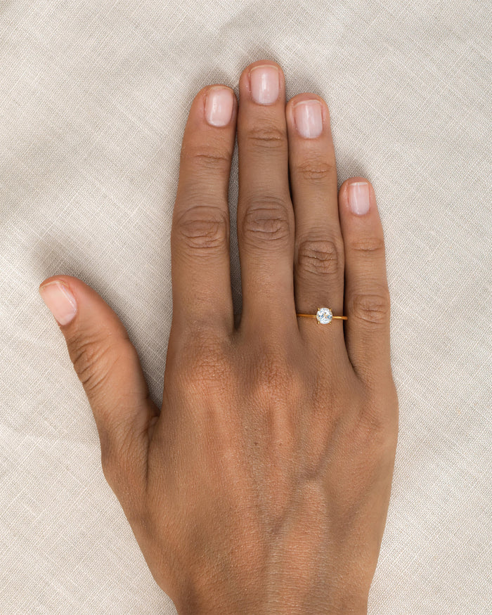 White topaz ring on gold vermeil band on hand