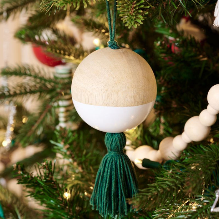 Wood Ball with White Tassel Christmas Ornament